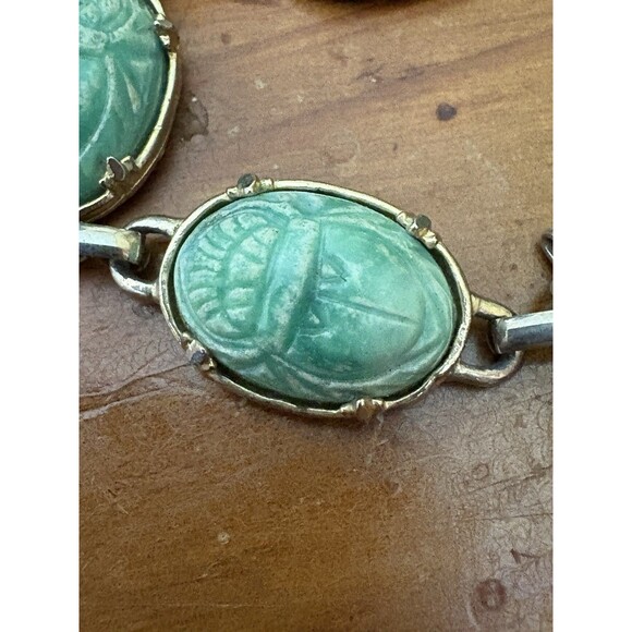 Vintage Bracelet Lucite Green Swirl Scarab Beetles Egyptian Gold Tone 6.75-7.75” - Picture 2 of 6